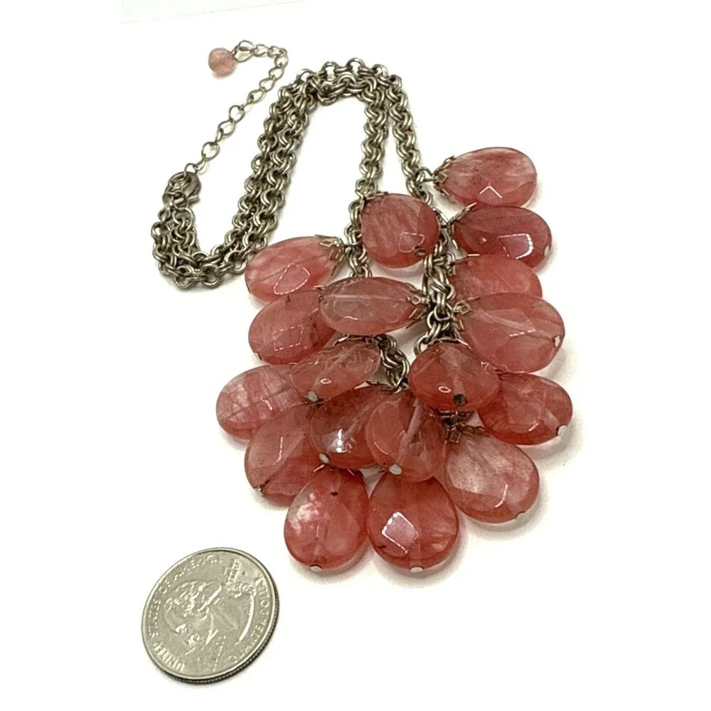 Rose Quartz Bib Necklace Double Strand Teardrop Dangle Stone Bead Statement 18